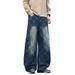 Men's Clothing Vintage American Checkered Distressed Jeans For Men - Relaxed Fit Wide Leg Casual Trousers With Washed Wrinkles (Blue, S-3XL)_mkmklike.com