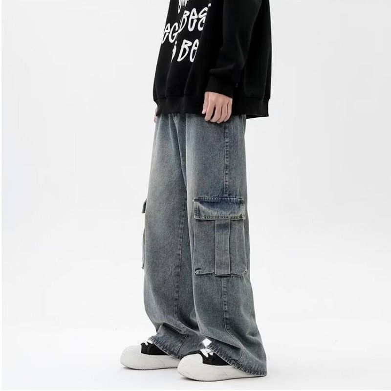 Men's Retro Blue Cargo Jeans High Street Style Loose Wide Leg Straight Leg Pants Multiple Pockets Casual Autumn Winter_mkmklike.com