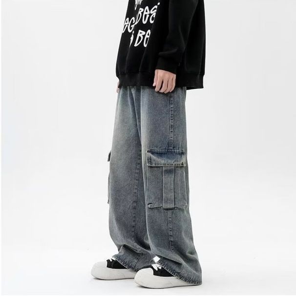 Men's Retro Blue Cargo Jeans High Street Style Loose Wide Leg Straight Leg Pants Multiple Pockets Casual Autumn Winter_mkmklike.com