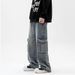 Men's Retro Blue Cargo Jeans High Street Style Loose Wide Leg Straight Leg Pants Multiple Pockets Casual Autumn Winter_mkmklike.com