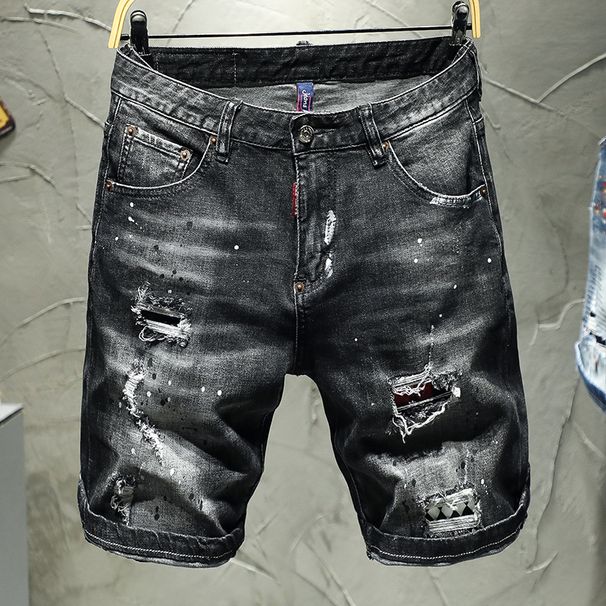 Men's High Street Trendy Men's Street Hip-hop Style Slim Cut Hand-painted Paint Dot Denim Shorts For Men_mkmklike.com