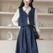 Chicco Autumn New Daily Commuting College Style Retro Denim Vest Shirt Half Skirt Three-piece Suit Dress_mkmklike.com