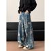 Men's Clothing Retro High Street Style Floral Jeans Straight Leg Loose Fit Wide Leg Floor Length Pants For Men And Women Spring Autumn_mkmklike.com