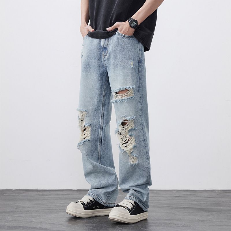 Men's Clothing Ripped Jeans Men's Straight Loose Designer Summer New Style Drape Pants Casual Denim_mkmklike.com