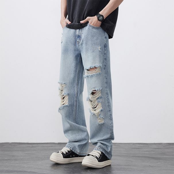 Men's Clothing Ripped Jeans Men's Straight Loose Designer Summer New Style Drape Pants Casual Denim_mkmklike.com