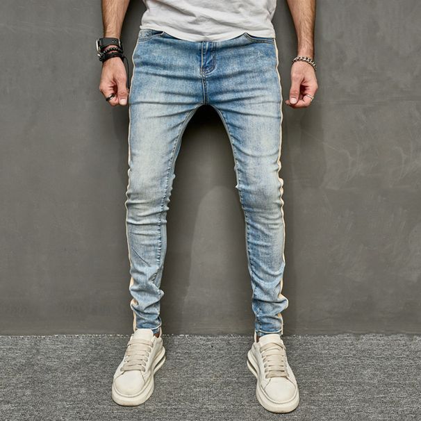 Men's Denim Solid Color Slim-Fit Small Foot Stretch Men's Slim-Fit Jeans_mkmklike.com
