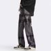 Men's Retro Tie Dye Drawstring Jeans American High Street Style Midweight Cotton Wide Leg Pants Black Blue Long_mkmklike.com