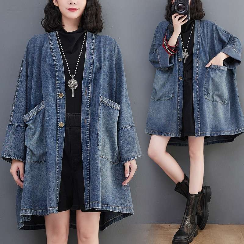 Chicco Real Shot In Stock Vintage V-neck Pocket Denim Jacket For Women Autumn New Loose Large Version Mid-length Trench Coat_mkmklike.com