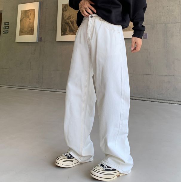 American Style White Straight Leg Jeans For Men & Women - Relaxed Fit High Waist Casual Denim Pants With Classic Washed Look_mkmklike.com