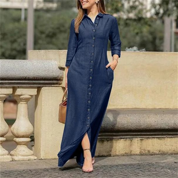 New Long Shirt Collar, Pocket, Large Swing Skirt, Plus Size Casual Denim Dress_mkmklike.com
