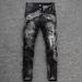 Men's Slim Fit Jeans Small Three Hole Design Autumn Winter Luxury Spray Paint Black Gray High End Casual Pants_mkmklike.com