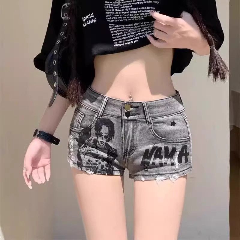 American Style Niche Girl Low Waist Denim Ultra Short For Women Summer New Design Sense Printed Slim Hot Pants_mkmklike.com