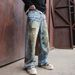 Men's Clothing American Vibe Dirty Old Graffiti Wide Leg Jeans Men's Personality Ripped Handsome Straight Casual Pants Men_mkmklike.com