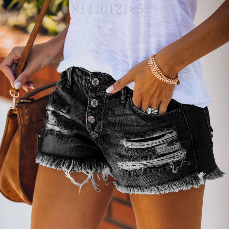 Distressed Denim Shorts For Women – High-Waisted Button-Fly Frayed Hem Summer Shorts (Light Blue/Black/Grey/Dark Blue, S-2XL)_mkmklike.com