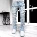 Men's Distressed Fringe Patchwork Jeans – Stretch Washed Denim Pants With Boho Embroidery (Pink/Blue/Khaki/Black, S-Xxxl, Streetwear Style)_mkmklike.com