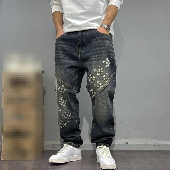 Men's Straight Leg Jeans Loose Fit Casual Versatile Long Pants American High Street Style Patterned Heat Transfer Print_mkmklike.com