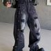 Vintage Washed Distressed Denim Jeans For Men, Loose Fit Straight Leg Baggy Trousers With Patch Details_mkmklike.com
