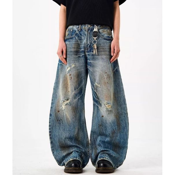 Men's Clothing Washed Retro Loose Wide Leg Jeans Men's Trendy Brand Old Dirty Pants Harem Straight Daddy Pants_mkmklike.com
