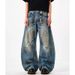 Men's Clothing Washed Retro Loose Wide Leg Jeans Men's Trendy Brand Old Dirty Pants Harem Straight Daddy Pants_mkmklike.com