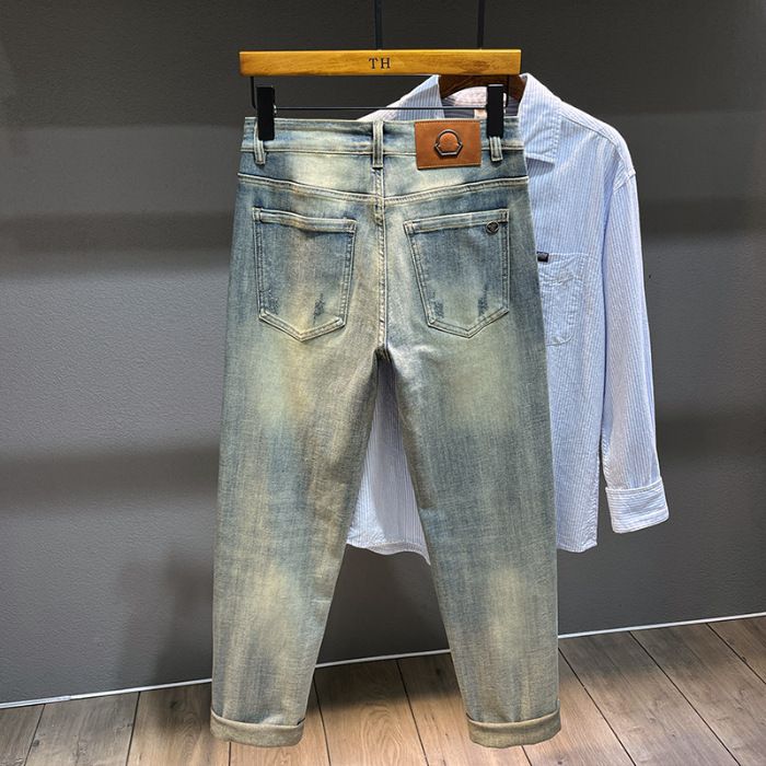 Men's Clothing Men's Slim Fit Stretch Washed Jeans - Vintage Yellow Straight Leg Ripped Denim Pants For Casual Wear Vintage Yellow Straight Leg_mkmklike.com
