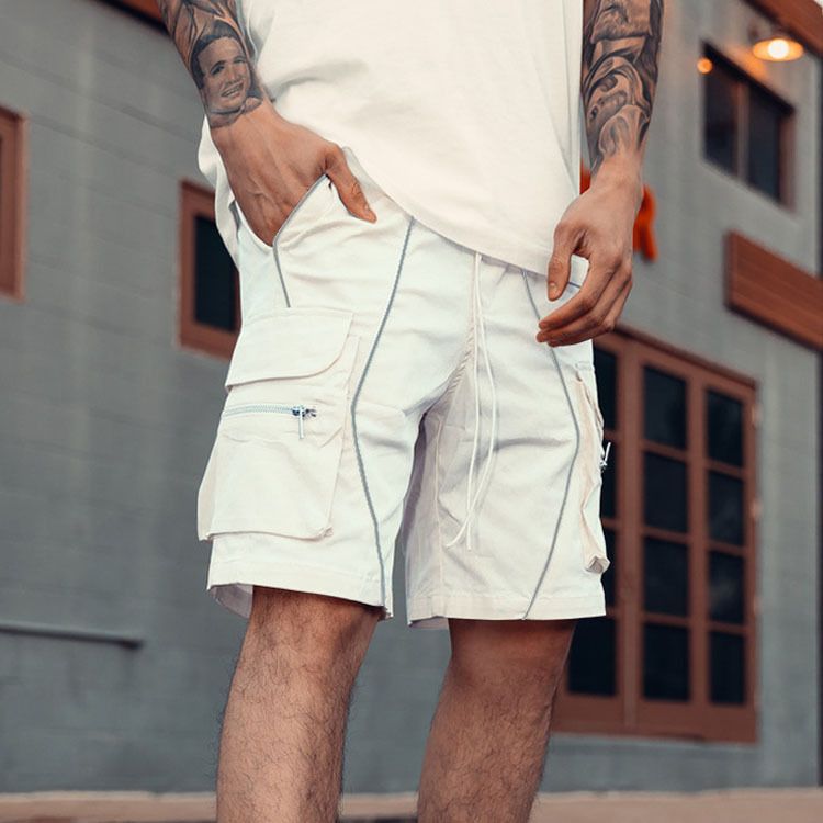 Solid color for men's trendy sports shorts, casual five point American multi pocket workwear pants_mkmklike.com