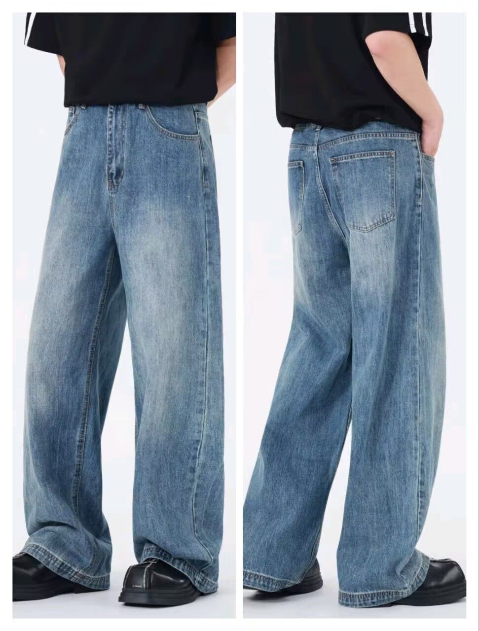 Vintage Button-Fly Distressed Jeans For Men & Women - Relaxed Straight Fit With Stacked Hem & Cracked Wash Design_mkmklike.com