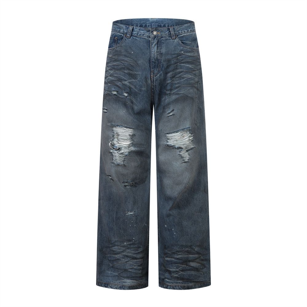 Post-apocalyptic Style Distressed Vintage Dirty Jeans Trendy Punk Beggar Washed Frayed Loose Straight Long Pants For Men_mkmklike.com