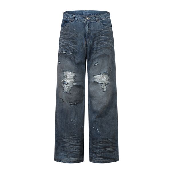 Post-apocalyptic Style Distressed Vintage Dirty Jeans Trendy Punk Beggar Washed Frayed Loose Straight Long Pants For Men_mkmklike.com
