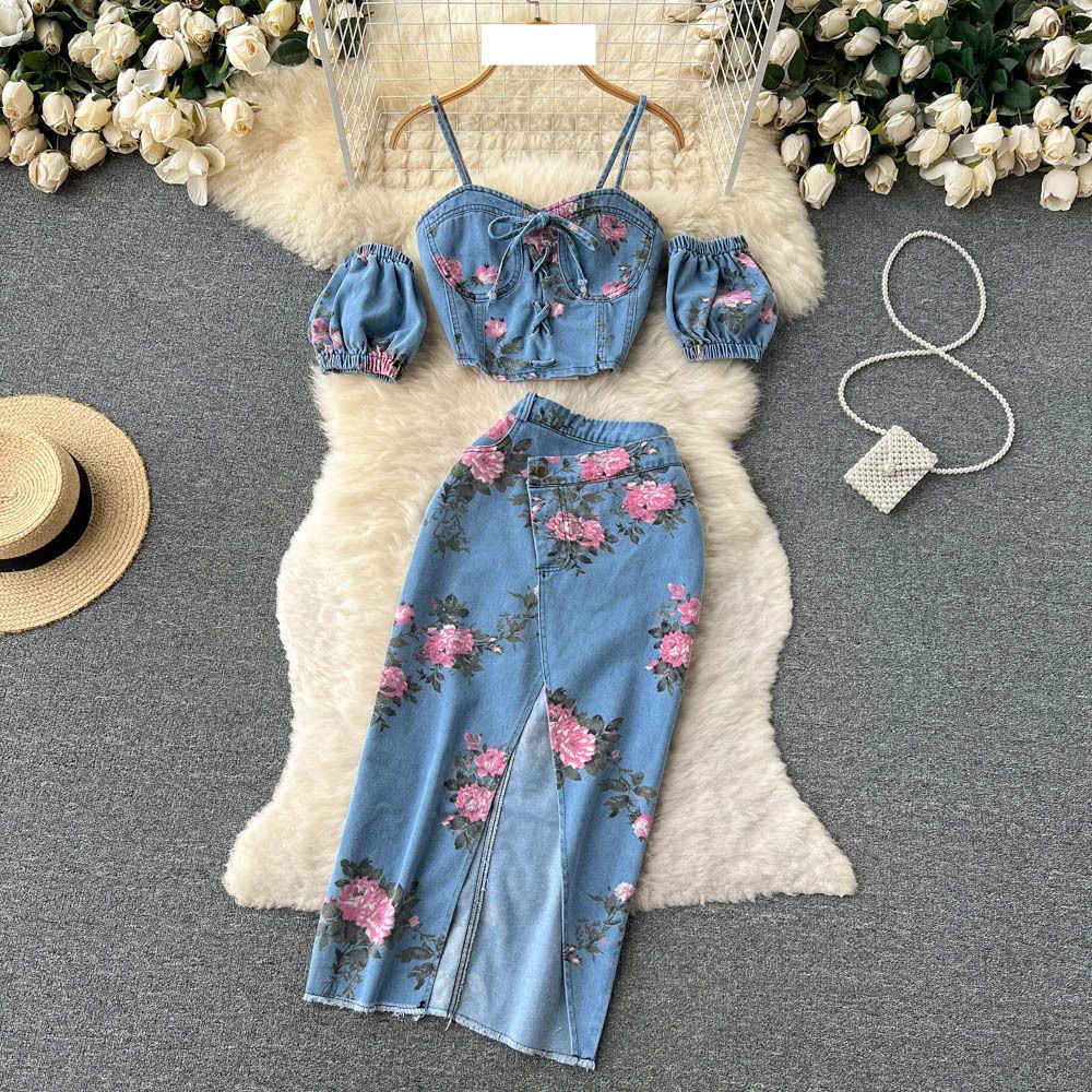 Women's fashion outside wear high-waisted split skirt two-piece set_mkmklike.com