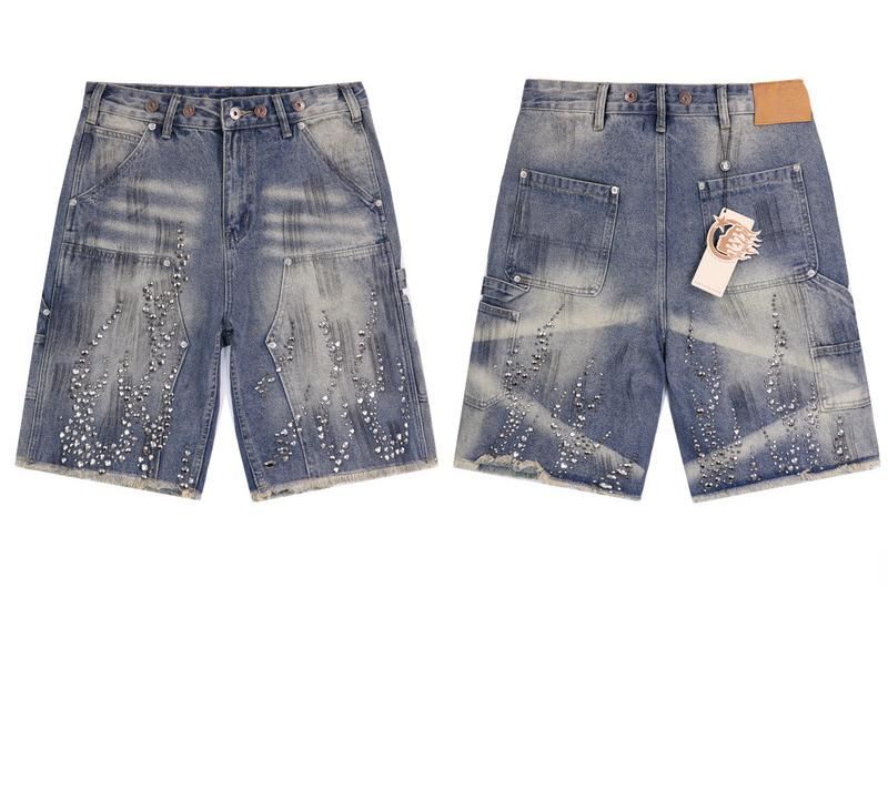 Cross Border European And American Trendy Brands Loose Men's And Women's Casual Denim Shorts Diamond Washed Water Pants Straight Pants Shorts_mkmklike.com