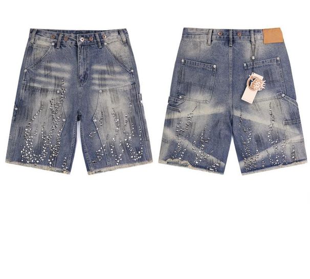 Cross Border European And American Trendy Brands Loose Men's And Women's Casual Denim Shorts Diamond Washed Water Pants Straight Pants Shorts_mkmklike.com