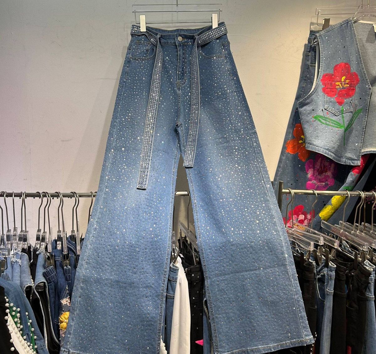 Glam Rhinestone Embellished Women's Jeans - High Waisted Wide Leg Denim Pants With Sparkling Crystal Details For Casual Chic Outfits_mkmklike.com