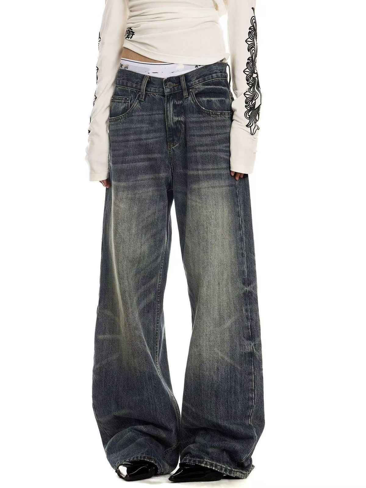 Unisex Trendy Dark Blue Straight Leg Jeans Midweight Washed Distressed Whiskered Loose Wide Leg Pants for Couples_mkmklike.com