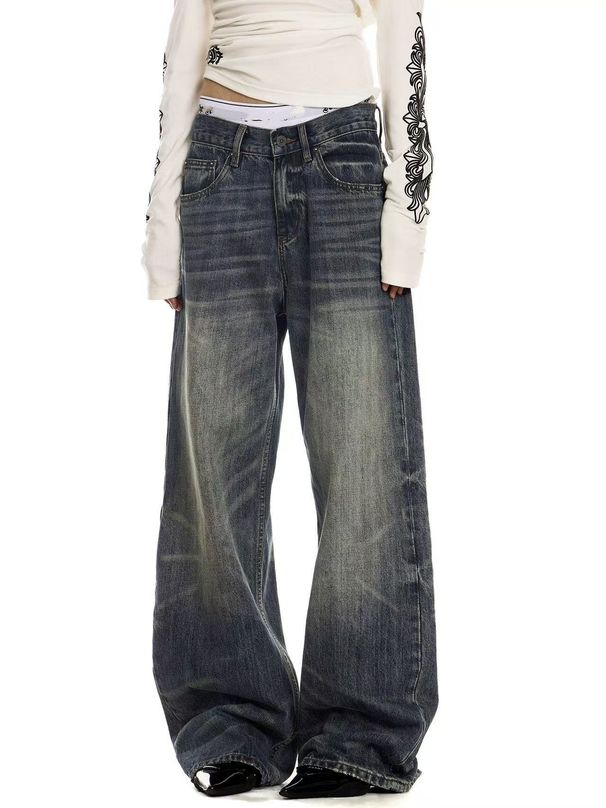 Unisex Trendy Dark Blue Straight Leg Jeans Midweight Washed Distressed Whiskered Loose Wide Leg Pants for Couples_mkmklike.com