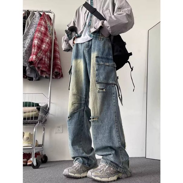 Men's Trendy Multi Pocket Cargo Jeans Loose Straight Leg Wide Leg High Street Style Ripped Design Trousers_mkmklike.com