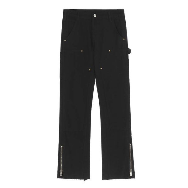 Men's High Street Vintage Denim Jeans - Distressed Zip Cargo Pants With Raw Hem, Straight & Flare Fit For Casual Streetwear_mkmklike.com
