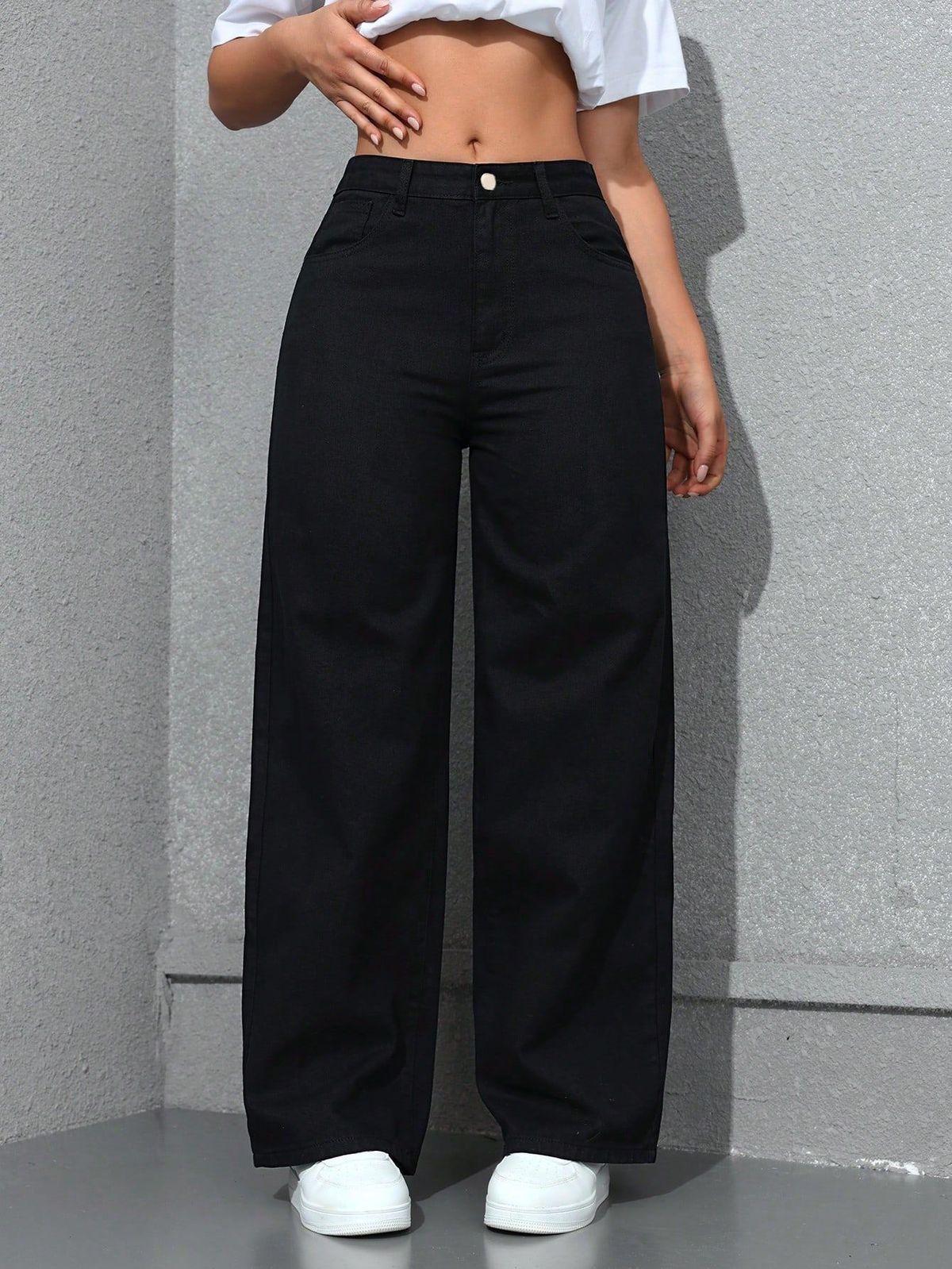 Women's High Waist Straight Leg Distressed Denim Jeans - Loose Fit Wide Leg Floor-Length Pants (Light Blue, Dark Blue, Black)_mkmklike.com