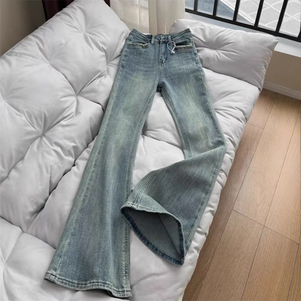 Women's High-Waisted Flared Jeans – Vintage Blue Wash, Stretch Denim & Horsehoof Hem For Retro Chic_mkmklike.com