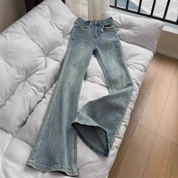 Women's High-Waisted Flared Jeans – Vintage Blue Wash, Stretch Denim & Horsehoof Hem For Retro Chic_mkmklike.com