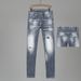 European Style Men's Distressed Slim Fit Jeans Trendy Retro Grey Whiskering Faded Midweight Cotton Long Black Blue Jeans_mkmklike.com