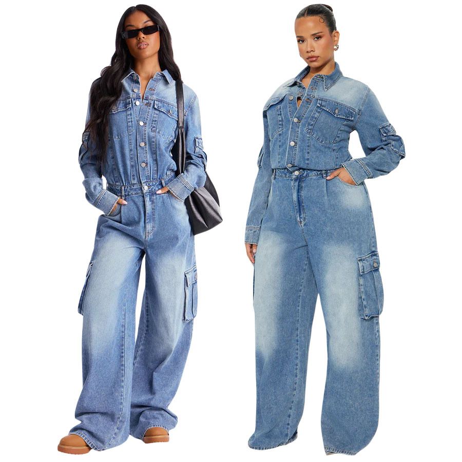 Vintage Washed Denim Jumpsuit – Oversized Workwear Overalls With Multi-Pockets, Relaxed Fit & Distressed Finish (Blue, S-2XL)_mkmklike.com