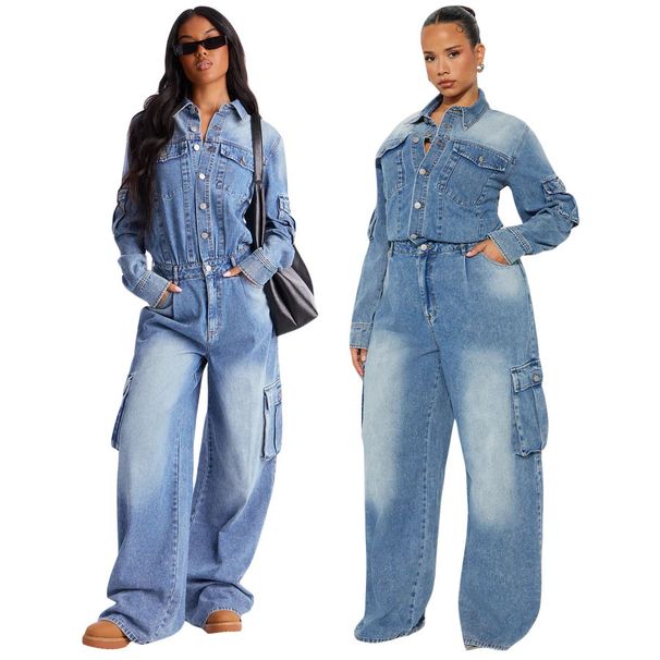 Vintage Washed Denim Jumpsuit – Oversized Workwear Overalls With Multi-Pockets, Relaxed Fit & Distressed Finish (Blue, S-2XL)_mkmklike.com