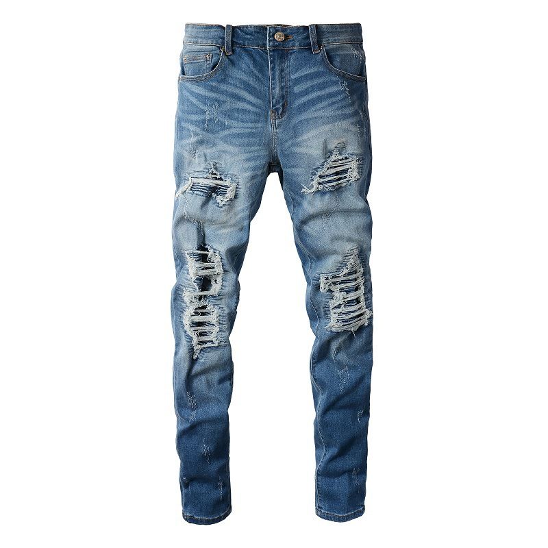 Men's Clothing High Street American Jeans Trendy Brand Ripped PU Patch Men's Jeans Beggar Pants Tattered Men's Pants #6513_mkmklike.com