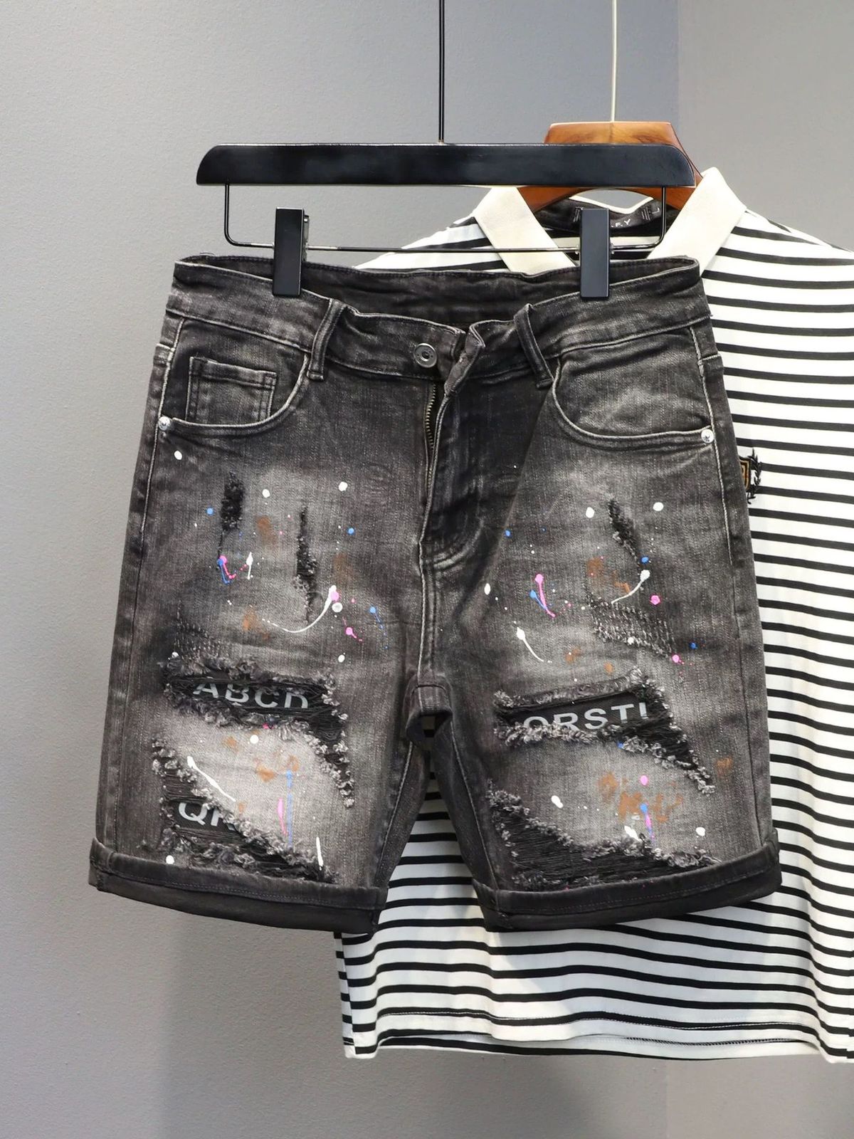 Summer New Washed Slim Fit Men's Denim Shorts Black And Gray Elastic Waist Ink Splash Hole Patch Casual Style_mkmklike.com