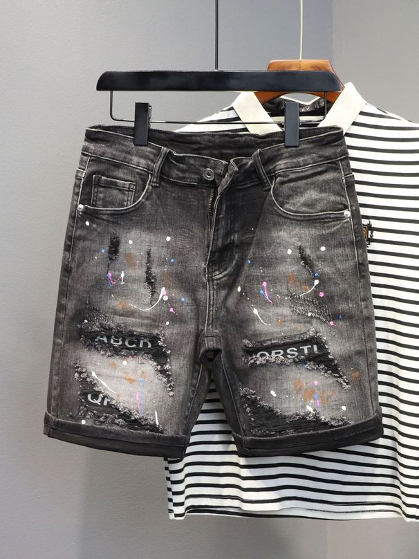 Summer New Washed Slim Fit Men's Denim Shorts Black And Gray Elastic Waist Ink Splash Hole Patch Casual Style_mkmklike.com
