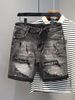 Summer New Washed Slim Fit Men's Denim Shorts Black And Gray Elastic Waist Ink Splash Hole Patch Casual Style_mkmklike.com