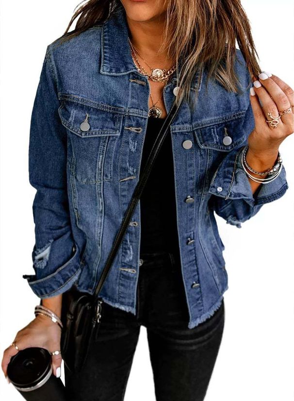 Vintage Washed Denim Jacket For Women – Non-Stretch Distressed V-Neck Long Sleeve Coat (S-2XL, Dark/Light Blue)_mkmklike.com