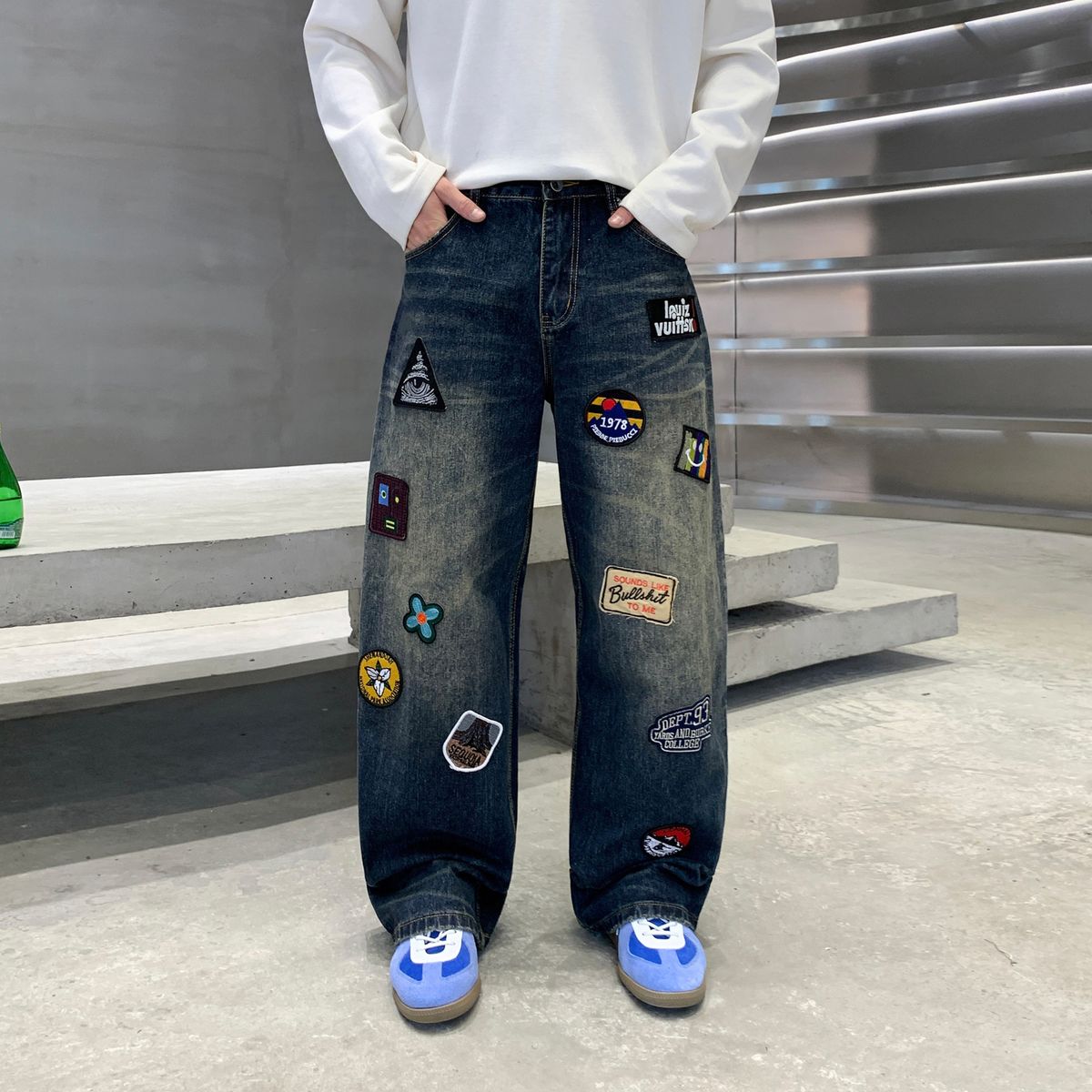 Men's Clothing Trendy Loose Straight Blue Washed Jeans Midweight Skinny Wide Leg Cotton Pants Machine Washable Long Mid Waist_mkmklike.com