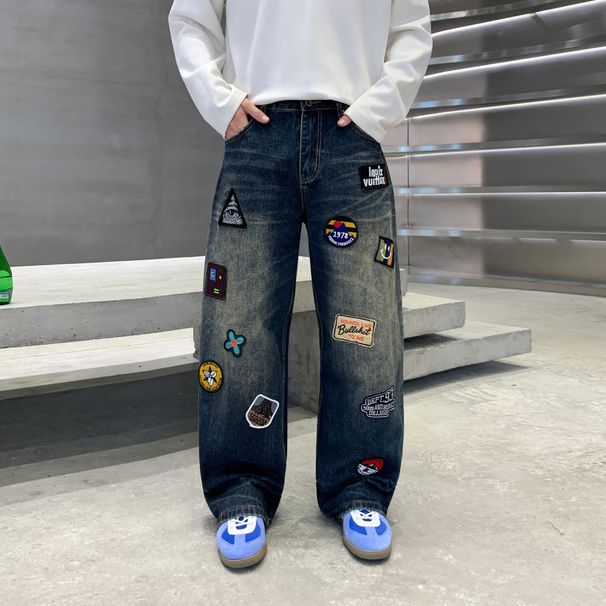 Men's Clothing Trendy Loose Straight Blue Washed Jeans Midweight Skinny Wide Leg Cotton Pants Machine Washable Long Mid Waist_mkmklike.com