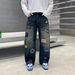 Men's Clothing Trendy Loose Straight Blue Washed Jeans Midweight Skinny Wide Leg Cotton Pants Machine Washable Long Mid Waist_mkmklike.com